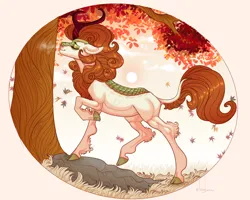 Size: 1280x1024 | Tagged: safe, artist:snowberry, derpibooru import, autumn blaze, kirin, autumn, breath, cloud, cloven hooves, curly hair, eyes closed, female, floppy ears, fluffy, grass, image, leaves, outdoors, png, pose, raised hoof, rock, scales, smiling, solo, sun, tree