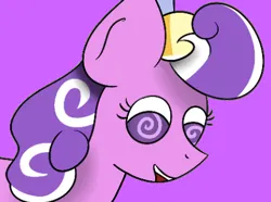 Size: 409x304 | Tagged: safe, artist:mackstack, derpibooru import, edit, screwball, earth pony, pony, cropped, explicit source, female, hat, image, mare, png, propeller hat, purple background, simple background, smiling, swirly eyes