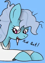 Size: 306x434 | Tagged: safe, artist:mackstack, derpibooru import, edit, screw loose, earth pony, pony, behaving like a dog, blue background, cropped, drool, explicit source, female, hospital gown, image, lying down, mare, messy mane, panting, png, prone, simple background, smiling, tongue out