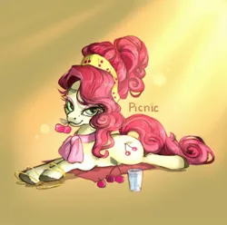 Size: 2000x1987 | Tagged: safe, artist:jellrus, derpibooru import, cherry jubilee, earth pony, pony, cherry, female, food, image, jpeg, looking at you, lying down, mare, prone, smiling, smiling at you, solo, sploot