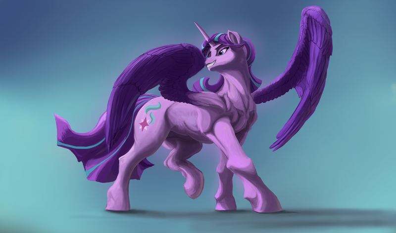 Size: 5000x2951 | Tagged: safe, artist:apelairplane, derpibooru import, starlight glimmer, alicorn, pony, abstract background, alicornified, image, png, race swap, realistic wings, solo, wings