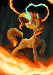 Size: 763x1080 | Tagged: safe, artist:plainoasis, derpibooru import, sunset shimmer, pony, unicorn, fire, image, magic, png, solo