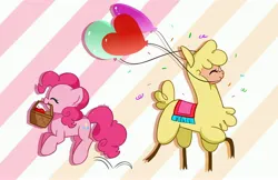 Size: 4096x2661 | Tagged: safe, artist:kittyrosie, derpibooru import, pinkie pie, alpaca, earth pony, pony, them's fightin' herds, balloon, commission, community related, eyes closed, image, jpeg, jumping, paprika (tfh)