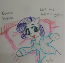 Size: 2087x2020 | Tagged: safe, artist:pony quarantine, derpibooru import, rarity, pony, unicorn, blushing, crayon drawing, female, image, jpeg, lying down, mare, on back, talking to viewer, traditional art