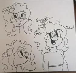 Size: 1554x1500 | Tagged: safe, artist:spoopygirl, derpibooru import, oc, oc:alice, pony, :p, clothes, female, glasses, image, jpeg, sweater, tongue out, traditional art, velma dinkley