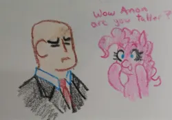 Size: 2140x1495 | Tagged: safe, artist:pony quarantine, derpibooru import, pinkie pie, oc, oc:anon, earth pony, human, pony, agent 47, crayon drawing, crossover, dialogue, disguise, duo, female, hitman, image, jpeg, male, mare, traditional art