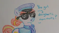 Size: 1024x569 | Tagged: safe, artist:pony quarantine, derpibooru import, copper top, earth pony, pony, crayon drawing, female, image, jpeg, mare, police officer, sunglasses, talking to viewer, traditional art