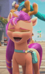 Size: 620x1020 | Tagged: safe, derpibooru import, screencap, hitch trailblazer, sunny starscout, earth pony, pony, my little pony: make your mark, my little pony: make your mark chapter 2, spoiler:my little pony: make your mark chapter 2, animated, cropped, descriptive noise, eyes closed, faic, g5, horse noises, horses doing horse things, image, laughing, sound, sunny starscout is best facemaker, webm