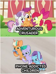 Size: 1500x1999 | Tagged: safe, derpibooru import, edit, edited screencap, screencap, apple bloom, scootaloo, sweetie belle, earth pony, pegasus, pony, unicorn, crusaders of the lost mark, my little pony: tell your tale, spoiler:g5, spoiler:my little pony: tell your tale, spoiler:tyts01e20, bow, comparison, cutie mark crusaders, female, filly, foal, g5, glory (g5), high res, image, jpeg, mobile phone, one trick pony (episode), peach fizz, phone, seashell (g5), smartphone, tail, tail bow, trio