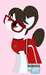 Size: 273x447 | Tagged: safe, artist:matthewjabeznazarioa, derpibooru import, raven, pony, unicorn, aide, base used, clothes, female, glasses, hair bun, image, looking up, mare, martial arts, martial arts kids outfit, martial arts kids outfits, pink background, png, shoes, simple background, smiling, training