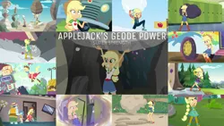 Size: 1972x1110 | Tagged: safe, derpibooru import, edit, edited screencap, editor:quoterific, screencap, applejack, cheer you on, driving miss shimmer, equestria girls, equestria girls series, holidays unwrapped, legend of everfree, spring breakdown, super squad goals, spoiler:eqg series (season 2), geode of super strength, image, magical geodes, png, saving pinkie's pie, winter break-in