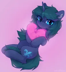 Size: 1280x1392 | Tagged: safe, artist:astralblues, derpibooru import, oc, pony, unicorn, female, heart, heart pillow, image, jpeg, mare, pillow, pink background, simple background, solo