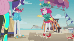 Size: 1280x720 | Tagged: safe, derpibooru import, edit, edited screencap, screencap, fluttershy, pinkie pie, rarity, crab, human, equestria girls, equestria girls series, too hot to handle, beach, clothes, image, ocean, swimsuit, vacation, water, webm