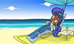 Size: 5000x3000 | Tagged: safe, artist:yufebwifbi, derpibooru import, oc, oc:agile glide, oc:daybreak oath, anthro, bat pony, dracony, dragon, hybrid, plantigrade anthro, pony, anklet, barefoot, bat pony oc, bat wings, beach, beach chair, beach towel, beach umbrella, bikini, breasts, busty oc, chair, choker, clothes, derpibooru exclusive, drink, feet, female, image, jewelry, lounging, male, nail polish, png, reclining, stallion, sunglasses, swimsuit, toe ring, toenail polish, towel, umbrella, wings