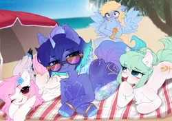 Size: 1280x903 | Tagged: safe, artist:astralblues, derpibooru import, oc, unofficial characters only, alicorn, earth pony, pegasus, pony, beach, beach towel, beach umbrella, bracelet, chest fluff, crystal wings, ear fluff, female, flower, flower in hair, hair bun, image, implied orgasm, jewelry, jpeg, lying down, mare, prone, spread wings, sunglasses, sunscreen, towel, umbrella, visual gag, wingboner, wings
