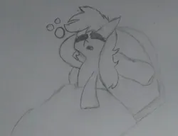 Size: 1021x783 | Tagged: safe, artist:applejacko1112, derpibooru import, applejack, earth pony, pony, bed, bed mane, image, jpeg, messy mane, on bed, sleepy, solo, traditional art, waking