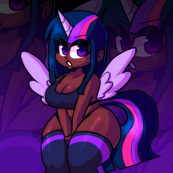 Size: 1800x1800 | Tagged: safe, artist:bbpanzu, derpibooru import, twilight sparkle, twilight sparkle (alicorn), alicorn, human, blackwashing, clothes, horn, humanized, image, looking at you, open mouth, png, socks, spread wings, thigh highs, underwear, whore lips, wings, zoom layer