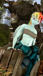 Size: 2160x3840 | Tagged: safe, artist:donglysfm, derpibooru import, rainbow dash, anthro, pegasus, plantigrade anthro, art pack:fun n games 2022, 3d, alternate hairstyle, armor, battletech, breasts, crate, delicious flat chest, female, gun, high res, image, mecha, muscles, outdoors, png, revamped anthros, solo, solo female, source filmmaker, weapon