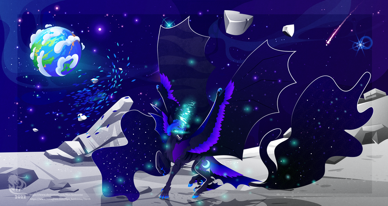 Size: 8192x4348 | Tagged: safe, artist:flyn-lunicorne, derpibooru import, princess luna, alicorn, angry, earth, fangs, glow, glowing eyes, glowing horn, horn, image, implied nightmare moon, moon, moon rock, png, rock, solo, unshorn fetlocks