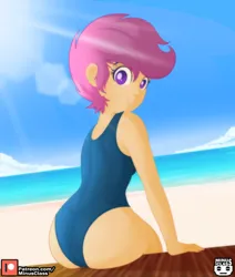Size: 2976x3507 | Tagged: safe, artist:minusclass, derpibooru import, scootaloo, human, equestria girls, ass, baywatch, beach, butt, clothes, cloud, crepuscular rays, female, high res, image, jpeg, lens flare, looking at you, looking back, looking back at you, one-piece swimsuit, patreon, patreon logo, sand, scootabutt, solo, summer, swimsuit, water