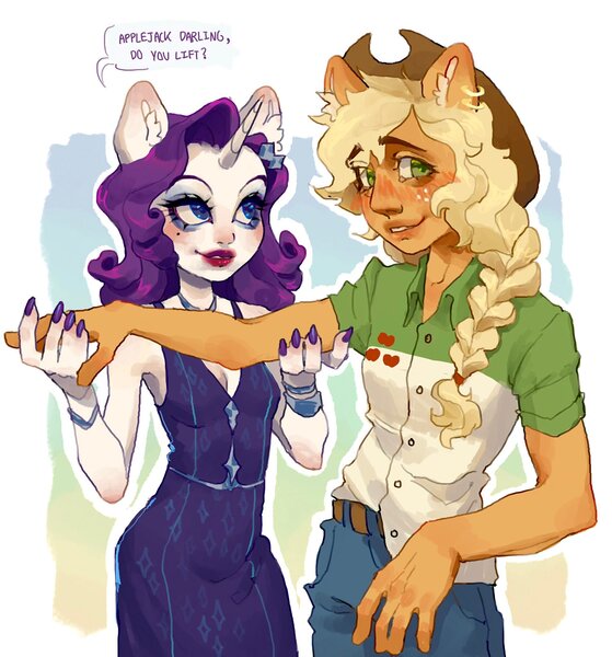 Size: 1908x2048 | Tagged: safe, artist:p0nyplanet, derpibooru import, applejack, rarity, anthro, human, equestria girls, admiration, blushing, bracelet, breasts, cleavage, clothes, denim, dialogue, dress, ear fluff, eared humanization, eyeshadow, female, holding, horn, horned humanization, humanized, image, jeans, jewelry, jpeg, lesbian, lipstick, makeup, nail polish, necklace, pants, rarijack, shipping, shirt