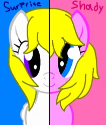 Size: 648x769 | Tagged: safe, artist:piggyman54, derpibooru import, shady, surprise, earth pony, pegasus, pony, adoraprise, blue background, cute, duo, female, friends, g1, g1 shadybetes, g1 to g4, g4, generation leap, image, mare, ms paint, paint.net, pink background, png, simple background, smiling, two sides
