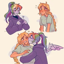 Size: 2048x2048 | Tagged: safe, artist:jade_uh_, derpibooru import, applejack, rainbow dash, equestria girls, appledash, blushing, clothes, female, heart, heart hands, hoodie, image, jpeg, kissing, lesbian, ponytail, shipping, shirt, t-shirt, wings