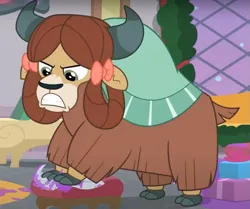 Size: 797x665 | Tagged: safe, derpibooru import, screencap, yona, yak, the hearth's warming club, angry, bow, cloven hooves, cropped, female, gritted teeth, hair bow, image, monkey swings, png, solo, teeth