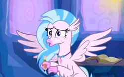 Size: 953x592 | Tagged: safe, derpibooru import, screencap, silverstream, classical hippogriff, hippogriff, student counsel, book, cropped, female, image, jewelry, necklace, pencil, png, solo, spread wings, treehouse of harmony, wings