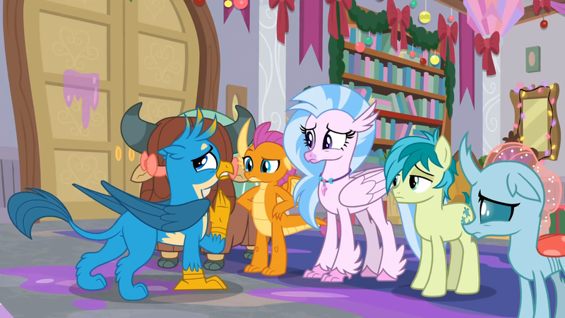 Size: 1600x900 | Tagged: safe, derpibooru import, screencap, gallus, ocellus, sandbar, silverstream, smolder, yona, changedling, changeling, classical hippogriff, dragon, earth pony, gryphon, hippogriff, pony, yak, the hearth's warming club, bookshelf, bow, cloven hooves, colored hooves, dragoness, female, hair bow, hand on hip, image, jewelry, male, monkey swings, necklace, png, student six