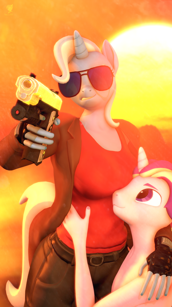 Size: 2160x3840 | Tagged: safe, artist:silkworm205, derpibooru import, starlight glimmer, trixie, anthro, unicorn, art pack:fun n games 2022, 3d, aiming, alternate hairstyle, breasts, clothes, coat, colored eyebrows, crossover, duke nukem, female, fingerless gloves, gloves, gold, gold weapon, golden gun, gun, half r63 shipping, hand on belly, hand on shoulder, handgun, high res, image, lesbian, looking at someone, looking up, male, pants, parody, partial nudity, pistol, png, revamped anthros, rule 63, shipping, shirt, simple background, source filmmaker, startrix, stellar gleam, straight, sun, sunglasses, tanktop, topless, trixgleam, weapon, worship