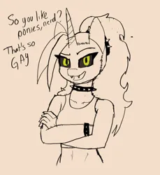 Size: 1174x1280 | Tagged: safe, artist:peel_a_na, derpibooru import, oc, oc:dyx, alicorn, anthro, anthro oc, black sclera, bracelet, choker, clothes, crossed arms, cute, cute little fangs, dialogue, fangs, female, horn, image, insult, jewelry, jpeg, looking at you, mane of fire, older dyx, open mouth, partial color, ponytail, shirt, short shirt, simple background, sleeveless, solo, talking to viewer, wingless, wingless alicorn, wingless anthro, yellow eyes