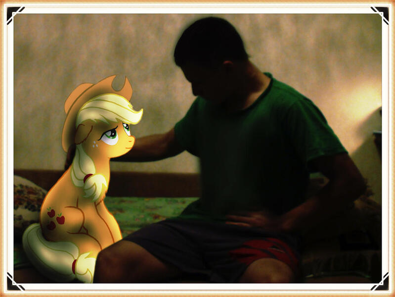Size: 1024x769 | Tagged: safe, artist:agneypainter, derpibooru import, applejack, earth pony, human, pony, applejack's hat, cowboy hat, cute, female, frame, g4, happy new year, hat, holiday, human and pony, human male, image, jackabetes, jpeg, looking at each other, looking at someone, looking at you, male, mare, new year, picture frame, present, sitting, smiling, smiling at each other, smiling at you