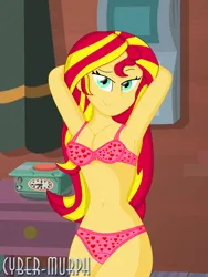 Size: 1512x2016 | Tagged: suggestive, artist:cyber-murph, derpibooru import, sunset shimmer, equestria girls, equestria girls series, spoiler:eqg series (season 2), alarm clock, arm behind head, bedroom, bedroom eyes, belly button, bra, breasts, busty sunset shimmer, calendar, cleavage, clock, clothes, commission, dresser, e-cup bra, heart, image, looking at you, midriff, panties, pink underwear, png, pose, signature, underwear
