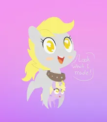 Size: 946x1080 | Tagged: safe, artist:happy harvey, derpibooru import, derpy hooves, dinky hooves, pegasus, pony, unicorn, blushing, chibi, collar, colored pupils, cute, dialogue, drawn on phone, female, filly, foal, gradient background, happy, image, looking up, mare, open mouth, pet, png, slave, slave collar, smiling, smol