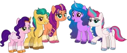 Size: 13204x5505 | Tagged: safe, artist:emeraldblast63, derpibooru import, hitch trailblazer, izzy moonbow, pipp petals, sunny starscout, zipp storm, earth pony, pegasus, pony, unicorn, female, g4, g5, g5 to g4, generation leap, image, male, mane five (g5), mare, png, stallion