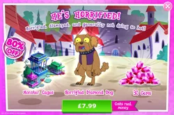 Size: 1964x1302 | Tagged: safe, derpibooru import, idw, official, unnamed character, diamond dog, advertisement, blue tongue, brown fur, cage, choker, collar, costs real money, dog collar, english, gameloft, gem, horrified, idw showified, image, jpeg, male, numbers, sale, shock, shocked, shocked expression, solo, solo focus, solo male, text