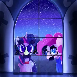 Size: 3000x3000 | Tagged: safe, derpibooru import, pinkie pie, twilight sparkle, earth pony, pony, unicorn, disguise, facial hair, glasses, groucho mask, image, looking at you, moustache, night, png