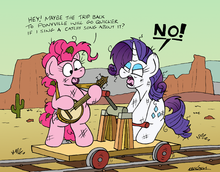 Size: 2328x1818 | Tagged: safe, artist:bobthedalek, derpibooru import, pinkie pie, rarity, earth pony, pony, unicorn, the last roundup, angry, banjo, bipedal, cactus, desert, dialogue, female, hand car, image, mare, messy mane, musical instrument, png, train tracks, unamused