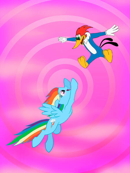 Size: 1024x1366 | Tagged: safe, artist:agneypainter, derpibooru import, rainbow dash, bird, pegasus, pony, blushing, cheerful, crossover, crossover shipping, cute, dashabetes, duo, female, flying, g4, image, jpeg, male, mare, open mouth, open smile, pink sky, rainbow dash can fly, shipping, sky, smiling, straight, the new woody woodpecker show, universal studios, woodpecker, woody woodpecker, woody woodpecker (series), woodydash
