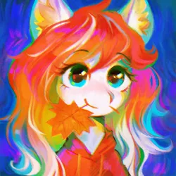 Size: 1500x1500 | Tagged: safe, artist:dearmary, derpibooru import, oc, oc:making amends, unofficial characters only, pony, abstract background, bust, clothes, ear fluff, female, hoodie, image, jpeg, leaf, mare, mouth hold, portrait, solo