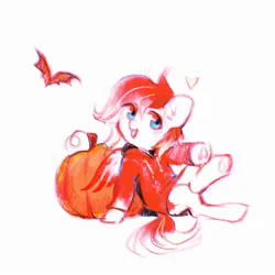 Size: 1500x1500 | Tagged: safe, artist:dearmary, derpibooru import, oc, oc:making amends, bat, pony, clothes, female, hoodie, image, jpeg, mare, open mouth, open smile, pumpkin, simple background, sitting, smiling, solo, white background