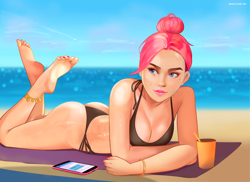 Size: 2504x1820 | Tagged: suggestive, artist:noah-x3, derpibooru import, oc, oc:neon flare, unofficial characters only, human, anklet, ass, barefoot, beach, bikini, bikini bottom, bikini top, butt, clothes, cup, drinking straw, ear piercing, earring, feet, female, hair bun, humanized, humanized oc, image, jewelry, lipstick, makeup, mobile phone, nail polish, ocean, partial nudity, phone, piercing, png, sand, smartphone, soles, solo, solo female, summer, sunbathing, swimsuit, the pose, thong swimsuit, toenail polish, topless, water