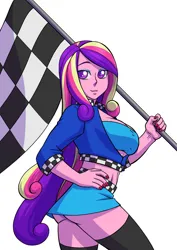 Size: 1448x2048 | Tagged: suggestive, artist:brother-tico, derpibooru import, princess cadance, human, equestria girls, breasts, busty princess cadance, butt, checkered flag, clothes, dean cadance, female, flag, hand on hip, image, jpeg, lovebutt, short shirt, simple background, socks, solo, stockings, thigh highs, white background