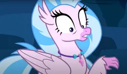 Size: 1327x776 | Tagged: safe, derpibooru import, screencap, silverstream, classical hippogriff, hippogriff, uprooted, bags under eyes, cropped, female, image, jewelry, necklace, png, reaction image, solo