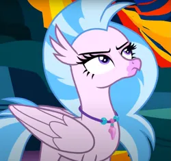 Size: 819x771 | Tagged: safe, derpibooru import, screencap, silverstream, classical hippogriff, hippogriff, uprooted, cropped, female, image, jewelry, looking up, necklace, png, silverstream is not amused, solo, unamused