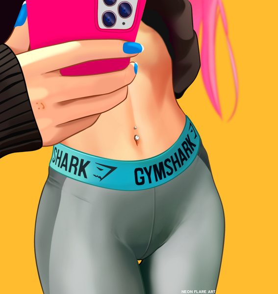 Size: 1435x1518 | Tagged: safe, artist:noah-x3, derpibooru import, oc, oc:neon flare, unofficial characters only, human, belly button, belly piercing, clothes, female, humanized, humanized oc, image, midriff, mobile phone, nail polish, pants, phone, piercing, png, selfie, simple background, smartphone, solo, sweater, sweatpants, yellow background, yoga pants