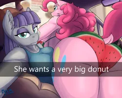 Size: 1800x1443 | Tagged: suggestive, artist:brushstroke, derpibooru import, maud pie, pinkie pie, anthro, earth pony, balloonbutt, breasts, butt, car interior, clothes, cutie mark, dock, female, food, he wants to order, image, large butt, looking at you, meme, open mouth, png, selfie, siblings, sisters, snapchat, swimsuit, tail, text message, watermelon
