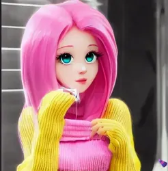 Size: 504x512 | Tagged: safe, derpibooru import, machine learning generated, stable diffusion, fluttershy, human, 60s, beautiful, clothes, humanized, image, jpeg, solo, sweater, sweatershy