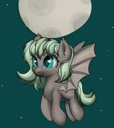 Size: 2566x2876 | Tagged: safe, artist:dumbwoofer, derpibooru import, oc, oc:forest air, bat pony, pony, ear fluff, fangs, female, flying, full moon, image, moon, night, png, smiling, solo, solo female, stars